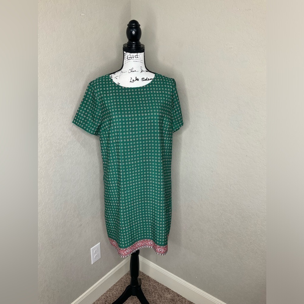 544 - J. Crew NWOT Green/Pink Midi Short Sleeve Dress, Size 12